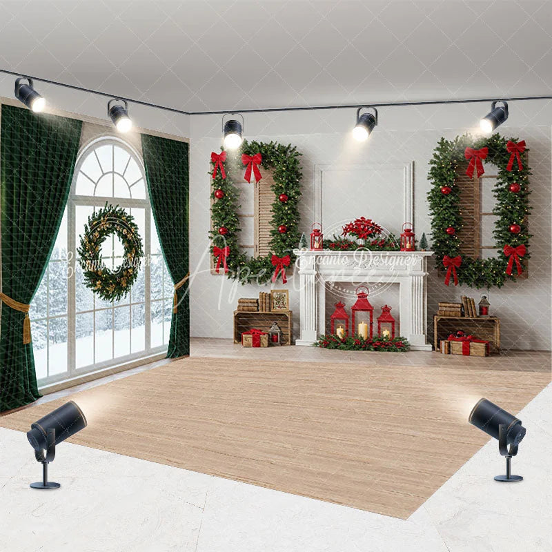 Aperturee - Aperturee Christmas Room Set Backdrop Interior Fireplace Green Curtain Window Photography Background