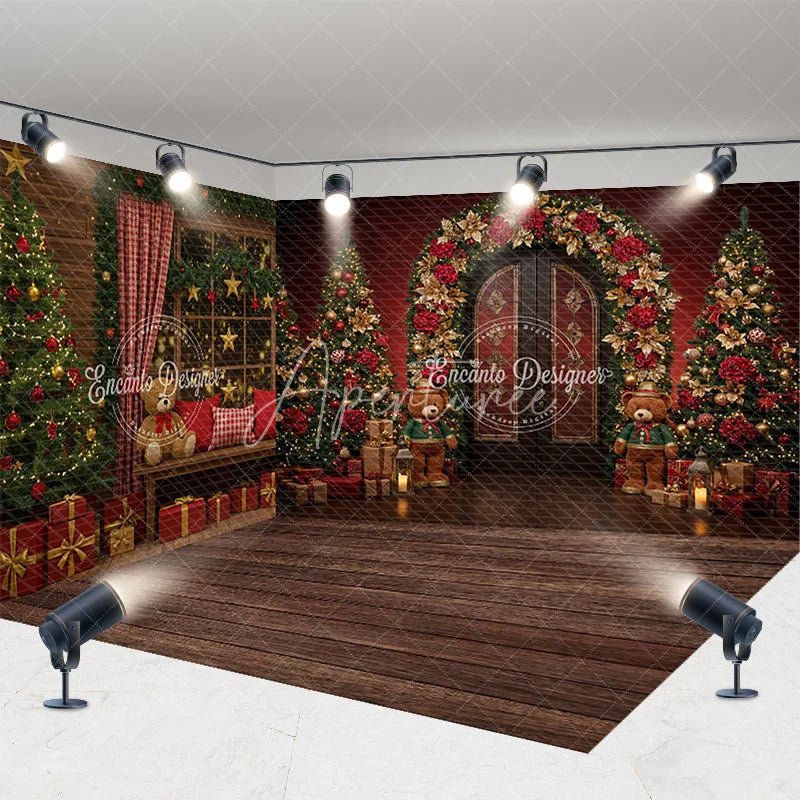 Aperturee - Aperturee Christmas Room Set Backdrop Red Wall Wood Floor with Xmas Trees Holiday Teddy Bear Photo Booth Props