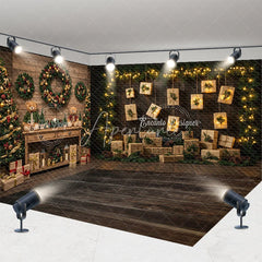 Aperturee - Aperturee Christmas Room Set Backdrop Rustic Wood Wall and Floor Xmas Tree Wreath with Hanging Gifts Photo Props