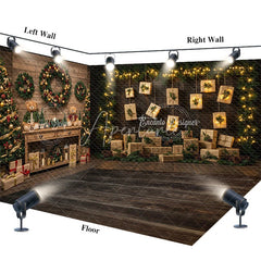 Aperturee - Aperturee Christmas Room Set Backdrop Rustic Wood Wall and Floor Xmas Tree Wreath with Hanging Gifts Photo Props