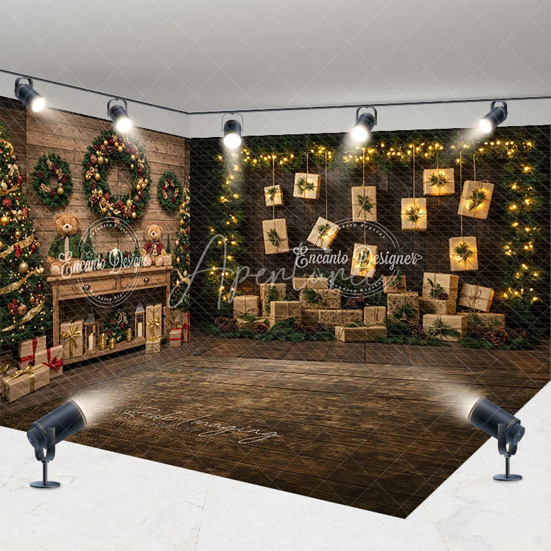 Aperturee - Aperturee Christmas Room Set Backdrop Rustic Wood Wall with Hanging Gifts Holiday Lights Photo Booth Props