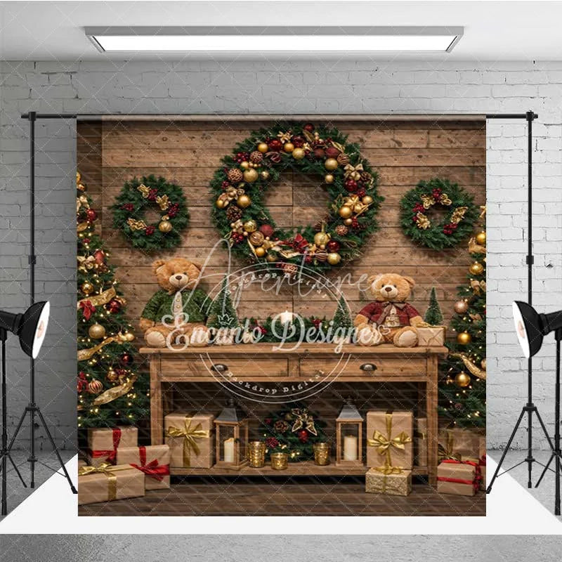 Aperturee - Aperturee Christmas Room Set Backdrop Rustic Wood Wall with Hanging Gifts Holiday Lights Photo Booth Props