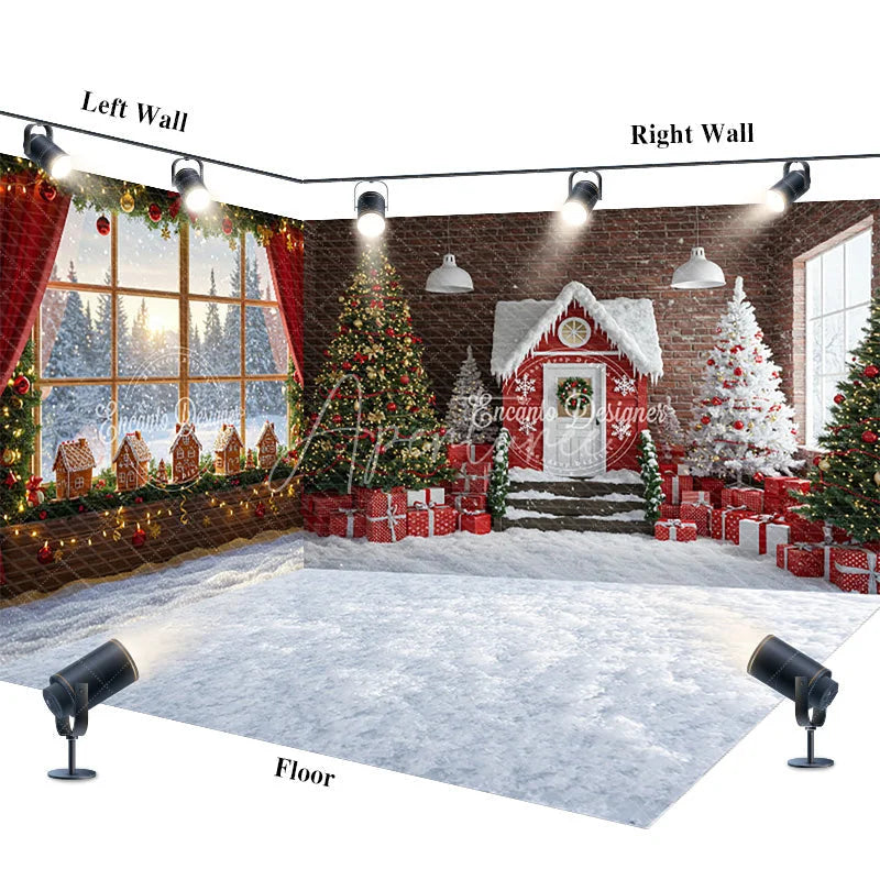 Aperturee - Aperturee Christmas Room Set Backdrop Winter Scene with Snow Window Festive Gingerbread House Photo Booth Props for Kids