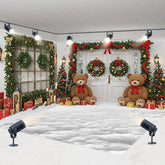 Aperturee - Aperturee Christmas Room Set Backdrop with Teddy Bears and Snow White Door with Garland Holiday Photo Studio