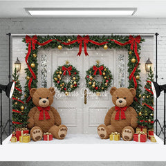 Aperturee - Aperturee Christmas Room Set Backdrop with Teddy Bears and Snow White Door with Garland Holiday Photo Studio
