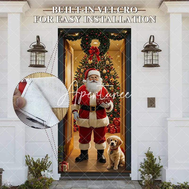 Aperturee - Aperturee Christmas Santa Claus and Golden Retriever Puppy Door Cover Festive Holiday Home Entrance Party Decoration
