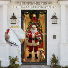 Aperturee - Aperturee Christmas Santa Claus and Golden Retriever Puppy Door Cover Festive Holiday Home Entrance Party Decoration