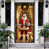 Aperturee - Aperturee Christmas Santa Claus and Golden Retriever Puppy Door Cover Festive Holiday Home Entrance Party Decoration