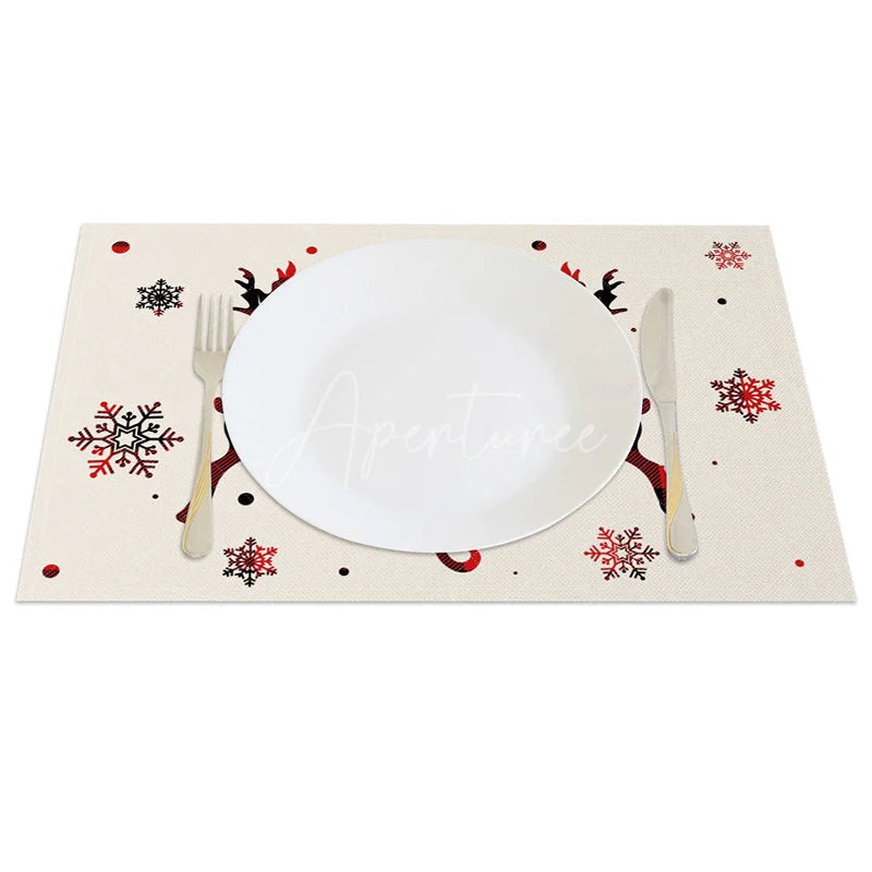 Aperturee - Aperturee Christmas Set of 4 Placemats Believe Text with Plaid Reindeer Farmhouse Snowflake Table Mats Decor