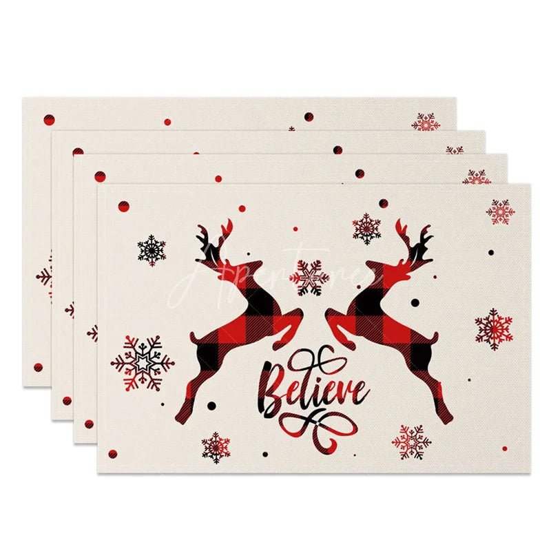 Aperturee - Aperturee Christmas Set of 4 Placemats Believe Text with Plaid Reindeer Farmhouse Snowflake Table Mats Decor