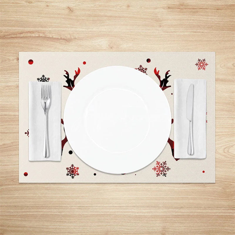 Aperturee - Aperturee Christmas Set of 4 Placemats Believe Text with Plaid Reindeer Farmhouse Snowflake Table Mats Decor