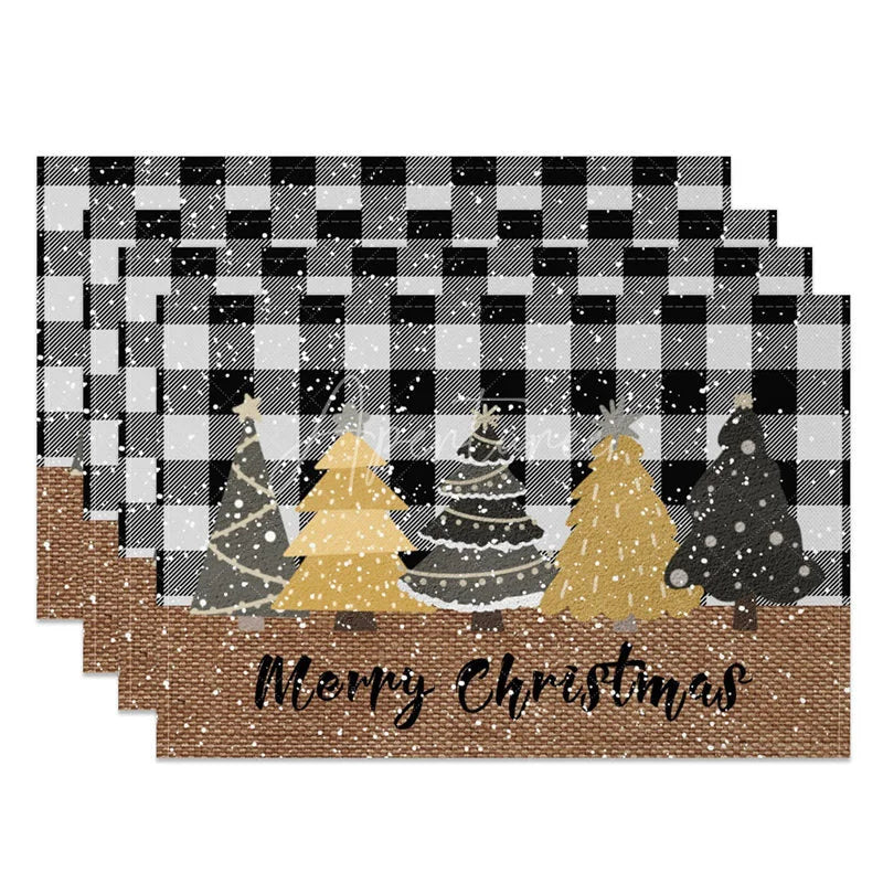 Aperturee - Aperturee Christmas Set of 4 Placemats Black and White Buffalo Plaid Gold Trees Farmhouse Table Mats Decor