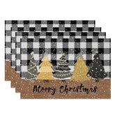 Aperturee - Aperturee Christmas Set of 4 Placemats Black and White Buffalo Plaid Gold Trees Farmhouse Table Mats Decor