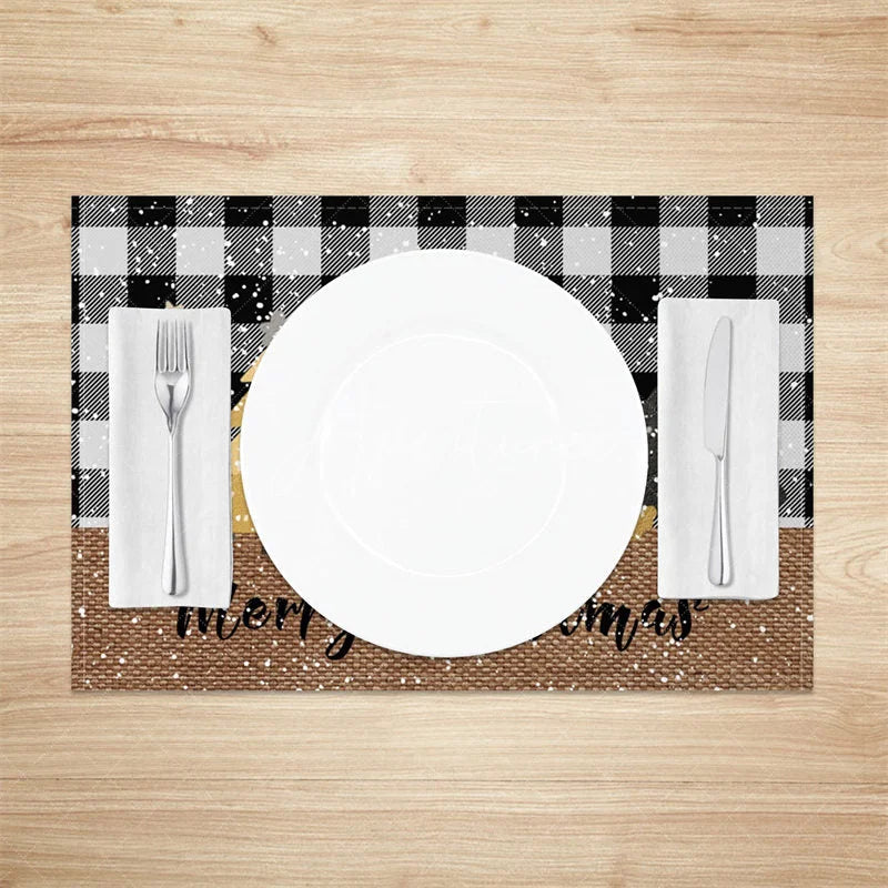 Aperturee - Aperturee Christmas Set of 4 Placemats Black and White Buffalo Plaid Gold Trees Farmhouse Table Mats Decor