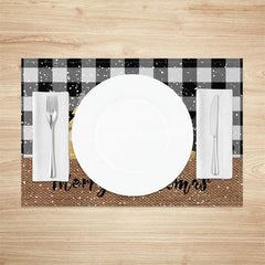Aperturee - Aperturee Christmas Set of 4 Placemats Black and White Buffalo Plaid Gold Trees Farmhouse Table Mats Decor