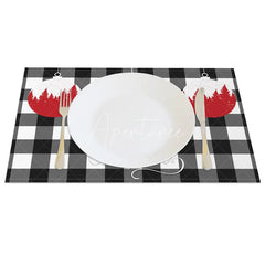 Aperturee - Aperturee Christmas Set of 4 Placemats Black and White Buffalo Plaid Red Ornaments Farmhouse Table Mats