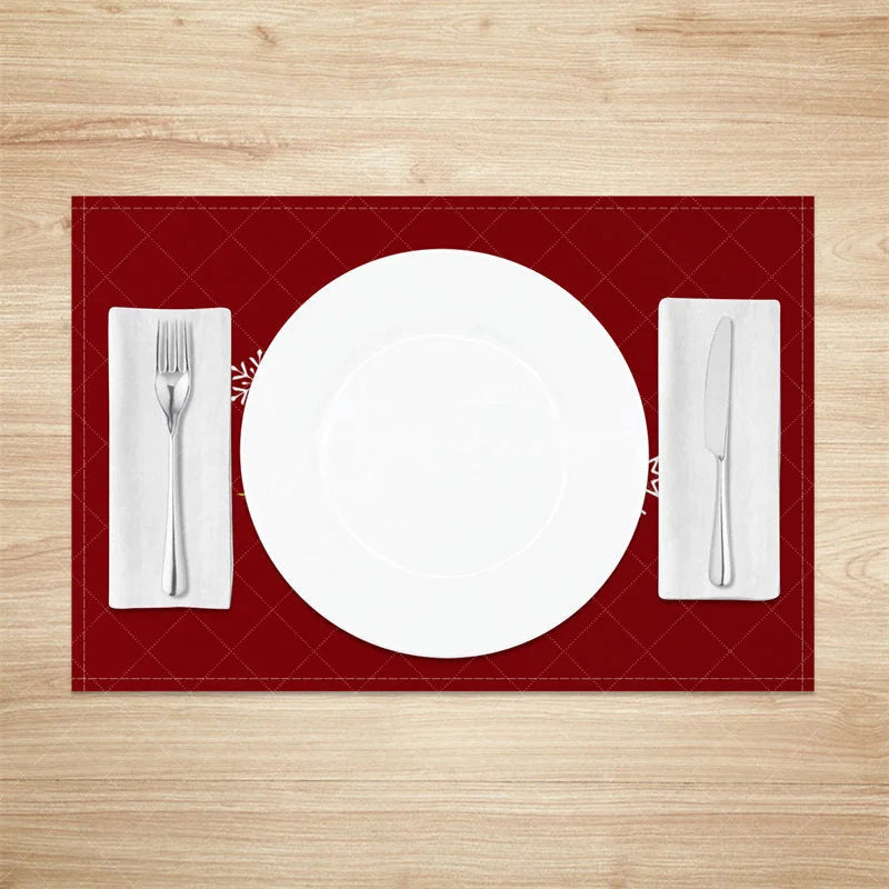 Aperturee - Aperturee Christmas Set of 4 Placemats Deep Red with Merry Christmas Script White Snowflakes Holiday Table Mats