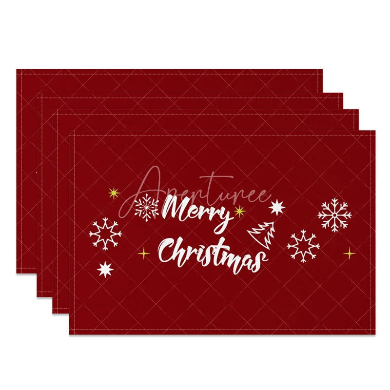 Aperturee - Aperturee Christmas Set of 4 Placemats Deep Red with Merry Christmas Script White Snowflakes Holiday Table Mats