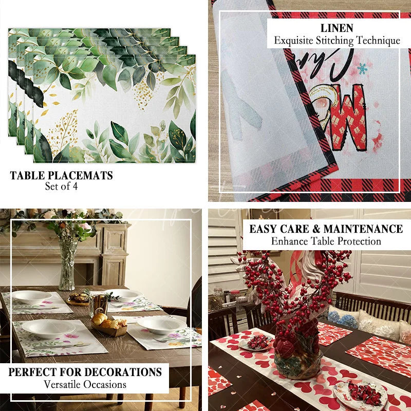 Aperturee - Aperturee Christmas Set of 4 Placemats Let It Snow Text Red Buffalo Plaid Check Farmhouse Table Mats