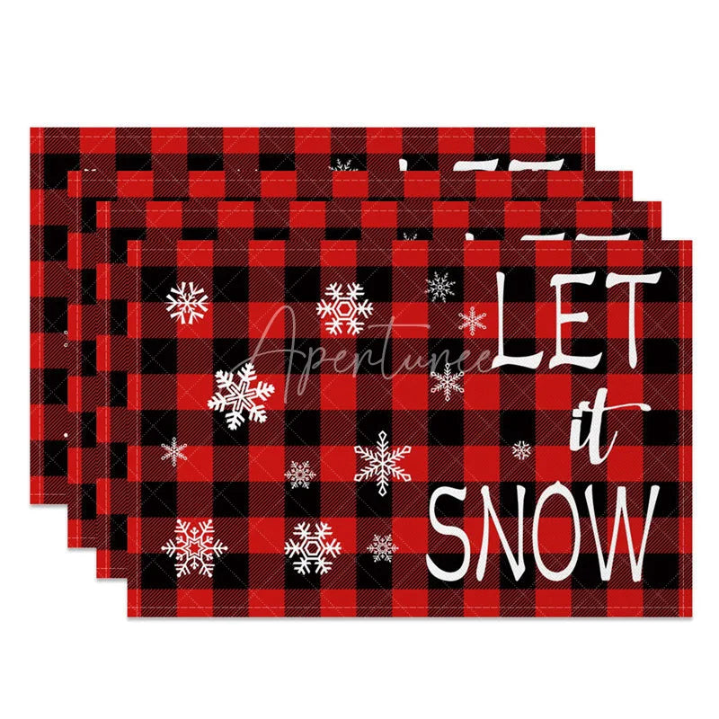Aperturee - Aperturee Christmas Set of 4 Placemats Let It Snow Text Red Buffalo Plaid Check Farmhouse Table Mats