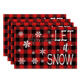 Aperturee - Aperturee Christmas Set of 4 Placemats Let It Snow Text Red Buffalo Plaid Check Farmhouse Table Mats