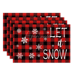 Aperturee - Aperturee Christmas Set of 4 Placemats Let It Snow Text Red Buffalo Plaid Check Farmhouse Table Mats