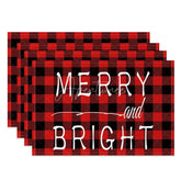 Aperturee - Aperturee Christmas Set of 4 Placemats Merry and Bright Text Red Buffalo Plaid Check Farmhouse Table Mats