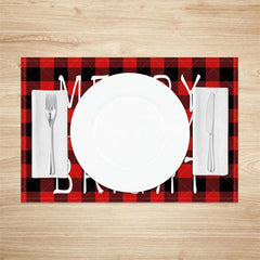 Aperturee - Aperturee Christmas Set of 4 Placemats Merry and Bright Text Red Buffalo Plaid Check Farmhouse Table Mats