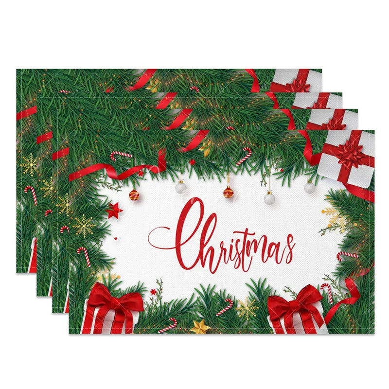 Aperturee - Aperturee Christmas Set of 4 Placemats Pine Garland with Gifts Red Ribbon Holiday Table Mats Decor