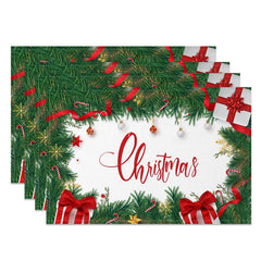 Aperturee - Aperturee Christmas Set of 4 Placemats Pine Garland with Gifts Red Ribbon Holiday Table Mats Decor
