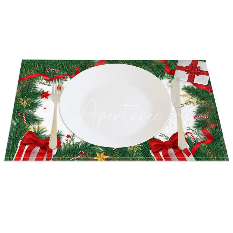 Aperturee - Aperturee Christmas Set of 4 Placemats Pine Garland with Gifts Red Ribbon Holiday Table Mats Decor