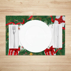 Aperturee - Aperturee Christmas Set of 4 Placemats Pine Garland with Gifts Red Ribbon Holiday Table Mats Decor