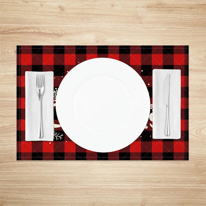 Aperturee - Aperturee Christmas Set of 4 Placemats Red Buffalo Plaid Check Merry Christmas Text Farmhouse Table Mats