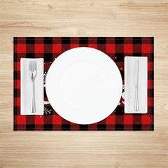 Aperturee - Aperturee Christmas Set of 4 Placemats Red Buffalo Plaid Check Merry Christmas Text Farmhouse Table Mats