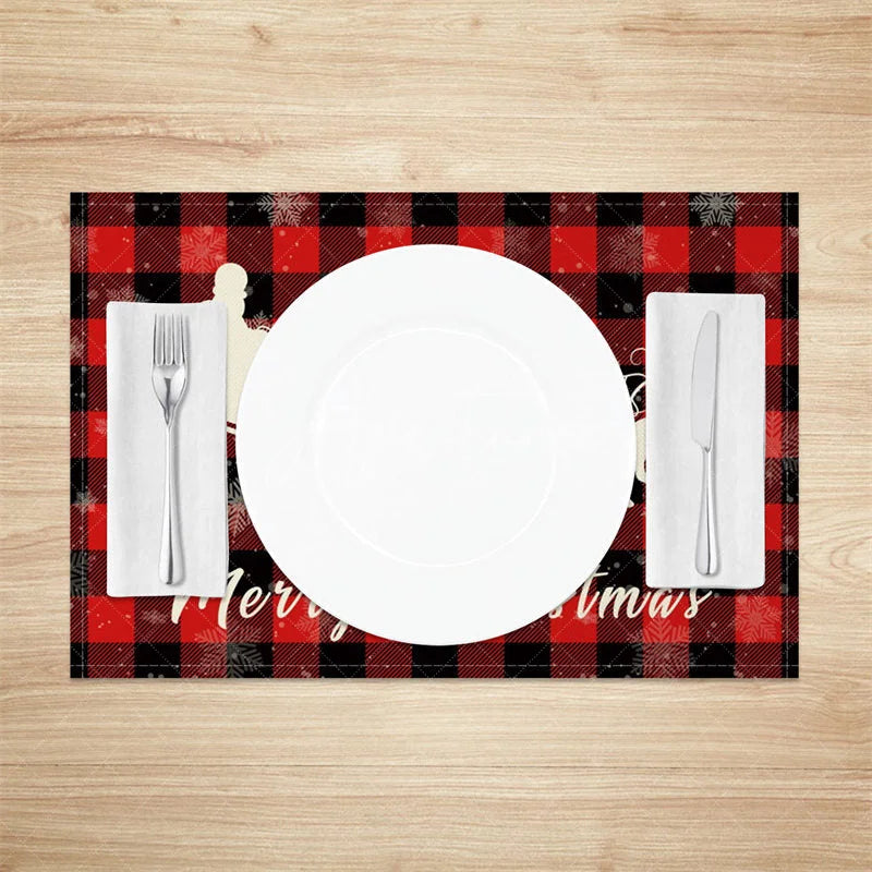Aperturee - Aperturee Christmas Set of 4 Placemats Red Buffalo Plaid with Santa Sleigh Reindeer Silhouette Holiday Table Mats