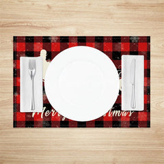 Aperturee - Aperturee Christmas Set of 4 Placemats Red Buffalo Plaid with Santa Sleigh Reindeer Silhouette Holiday Table Mats