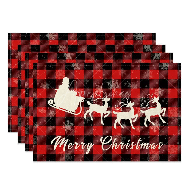 Aperturee - Aperturee Christmas Set of 4 Placemats Red Buffalo Plaid with Santa Sleigh Reindeer Silhouette Holiday Table Mats
