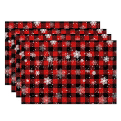 Aperturee - Aperturee Christmas Set of 4 Placemats Red Buffalo Plaid with Snowflakes Rustic Farmhouse Winter Table Mats