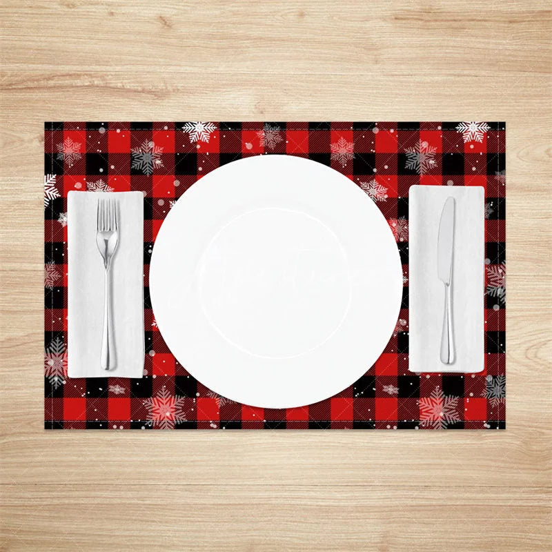 Aperturee - Aperturee Christmas Set of 4 Placemats Red Buffalo Plaid with Snowflakes Rustic Farmhouse Winter Table Mats