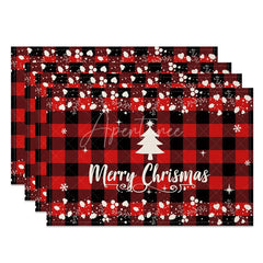 Aperturee - Aperturee Christmas Set of 4 Placemats Red Buffalo Plaid with White Tree Merry Christmas Farmhouse Table Mats