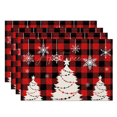 Aperturee - Aperturee Christmas Set of 4 Placemats Red Buffalo Plaid with White Trees Hanging Snowflakes Holiday Table Mats