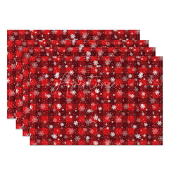 Aperturee - Aperturee Christmas Set of 4 Placemats Red Plaid Check with Snowflakes Rustic Farmhouse Winter Table Mats
