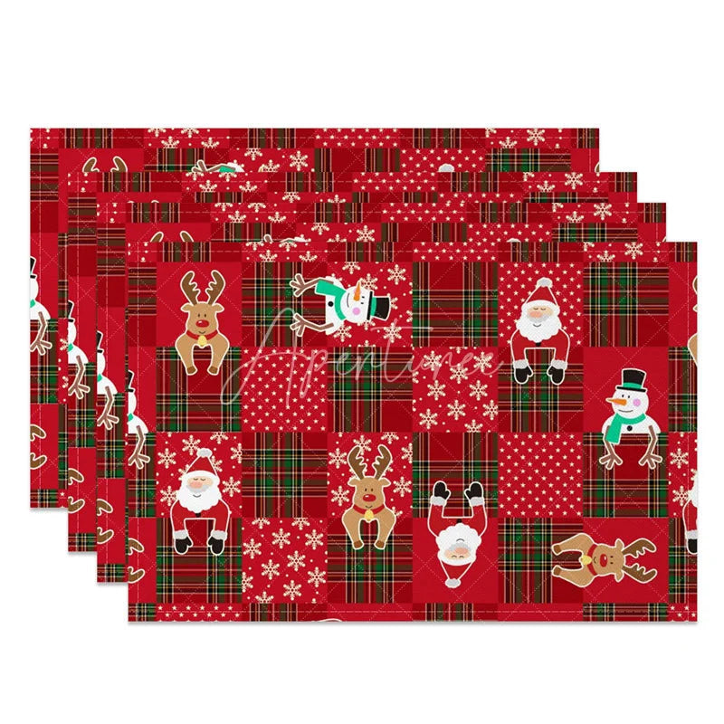 Aperturee - Aperturee Christmas Set of 4 Placemats Red Plaid Patchwork with Santa Reindeer Festive Holiday Table Mats Decor