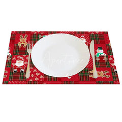 Aperturee - Aperturee Christmas Set of 4 Placemats Red Plaid Patchwork with Santa Reindeer Festive Holiday Table Mats Decor