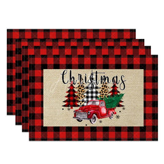 Aperturee - Aperturee Christmas Set of 4 Placemats Red Truck with Trees on Burlap Red Buffalo Plaid Check Border Table Mats