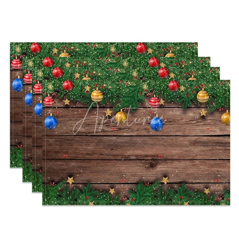 Aperturee - Aperturee Christmas Set of 4 Placemats Rustic Wood with Ornaments Xmas Garland Holiday Table Mats Decor