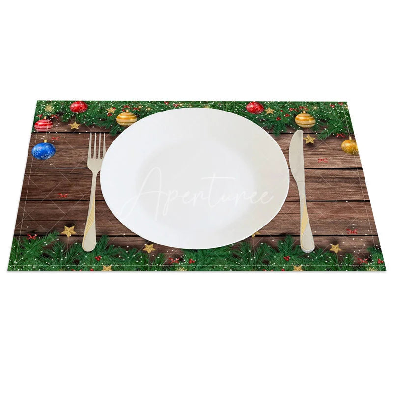 Aperturee - Aperturee Christmas Set of 4 Placemats Rustic Wood with Ornaments Xmas Garland Holiday Table Mats Decor