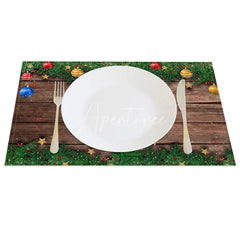 Aperturee - Aperturee Christmas Set of 4 Placemats Rustic Wood with Ornaments Xmas Garland Holiday Table Mats Decor