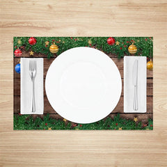 Aperturee - Aperturee Christmas Set of 4 Placemats Rustic Wood with Ornaments Xmas Garland Holiday Table Mats Decor