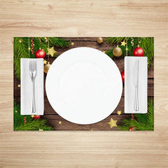 Aperturee - Aperturee Christmas Set of 4 Placemats Rustic Wood with Pine Garland Ornaments and Stars Holiday Table Mats